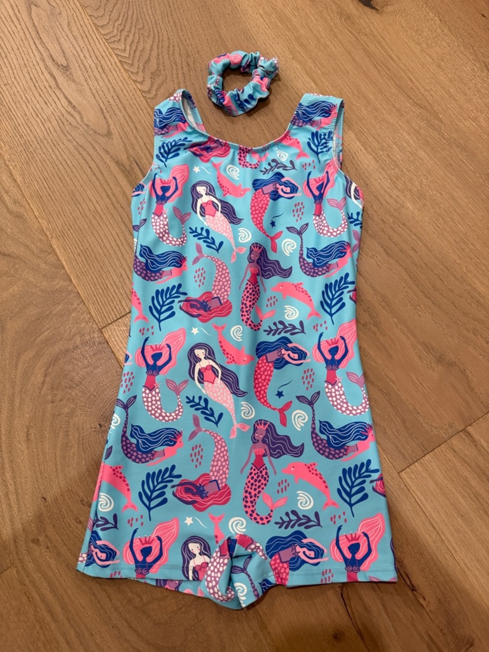 Girls' Mermaid Print Teal One-Piece Swimsuit with Scrunchie